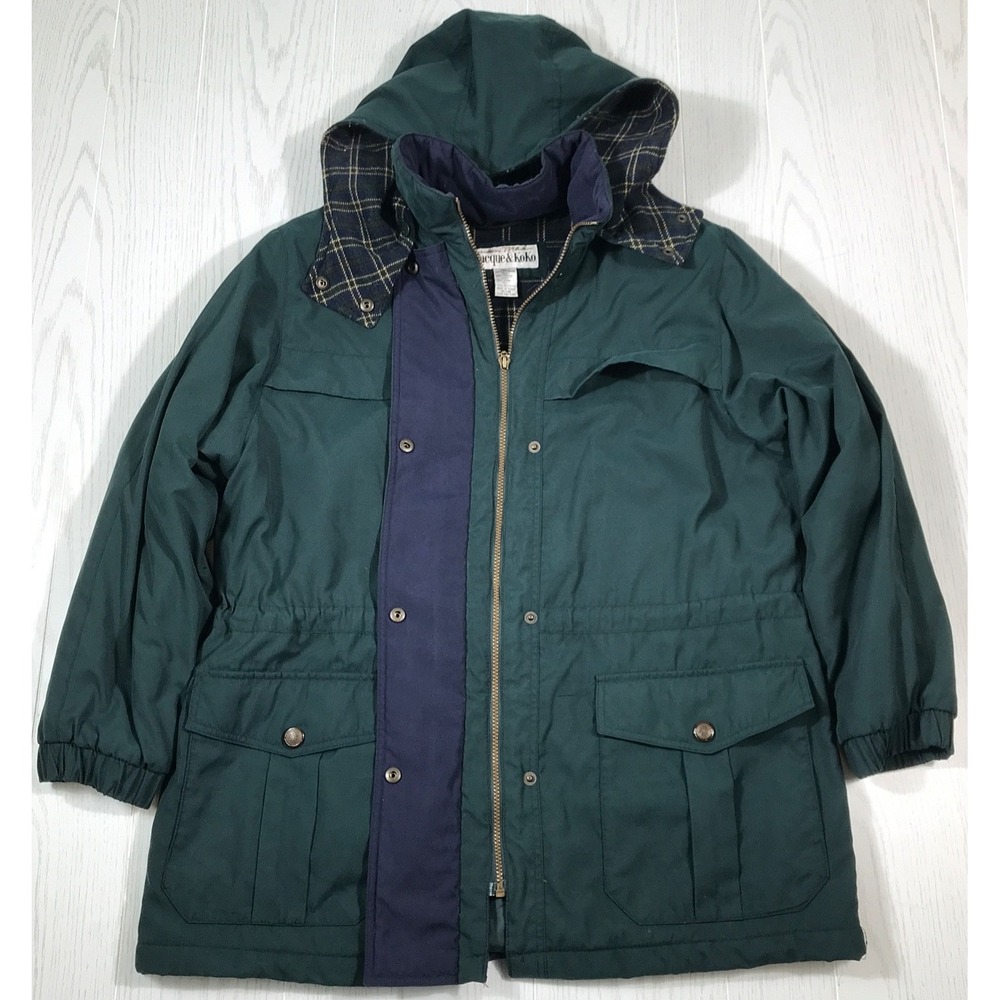 Vintage 90s Chore Jacket Women 16 Green Jacque & Koko Hooded Full Zip Work Retro